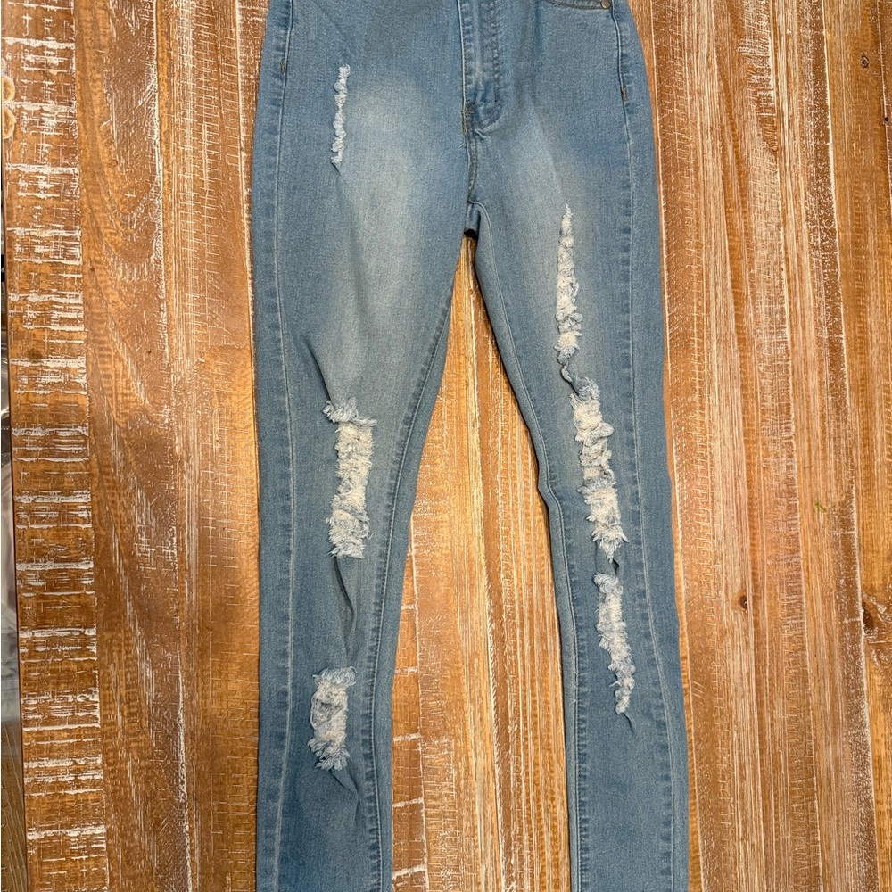 Blue Skinny Distressed Jeans with Vintage Wash